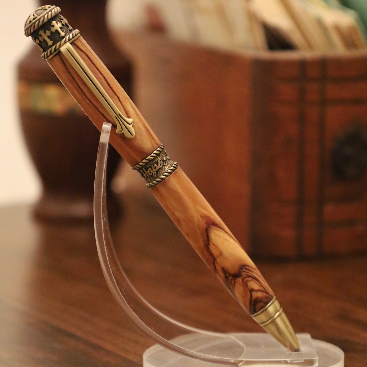 Handcrafted Christian Themed Pen Made with Olive Wood